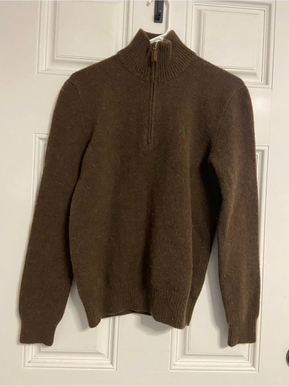 POLO RALPH LAUREN Chocolate Brown LAMBSWOOL Quarter Zip Popover Sweater